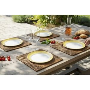 Vintage Boho Woven Placemats Natural Square Chargers Cane Webb Style Set of 4